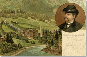 König Ludwig II. und Schloss Linderhof, Postkarte, um 1900 (Digitalbild: Haus der Bayerischen Geschichte, Augsburg)